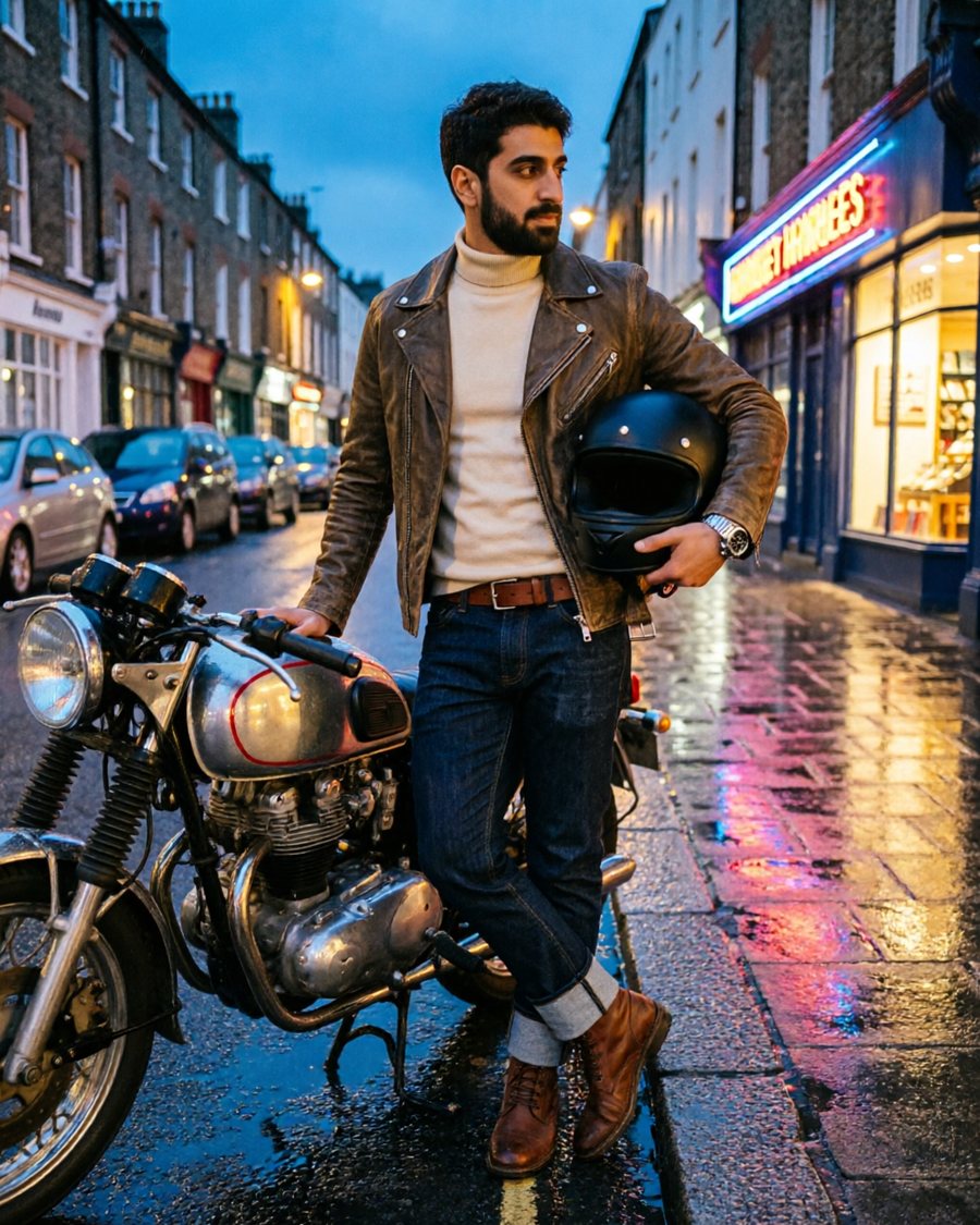 A candid documentary fashion photograph, caught mid-action rather than posed