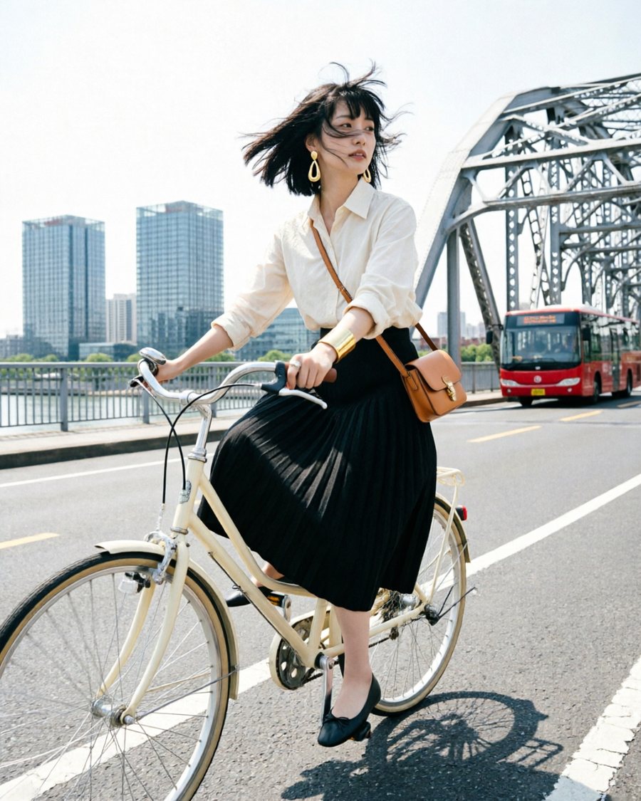 A candid documentary fashion photograph, caught mid-action rather than posed