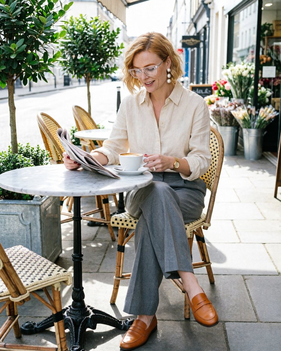 A candid documentary fashion photograph, caught mid-action rather than posed