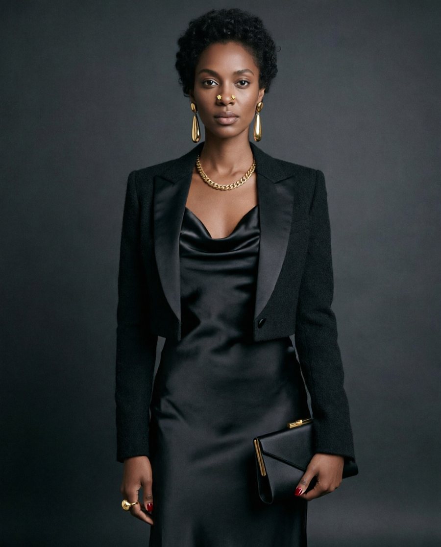 She wears a black silk-crepe bias-cut slip dress with a soft cowl neckline falling into a fold at the collarbone, the…