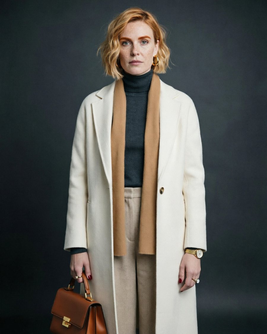 She wears a bone-white boiled-wool coat, collarless, straight architectural cut with no waist seam, falling below the…
