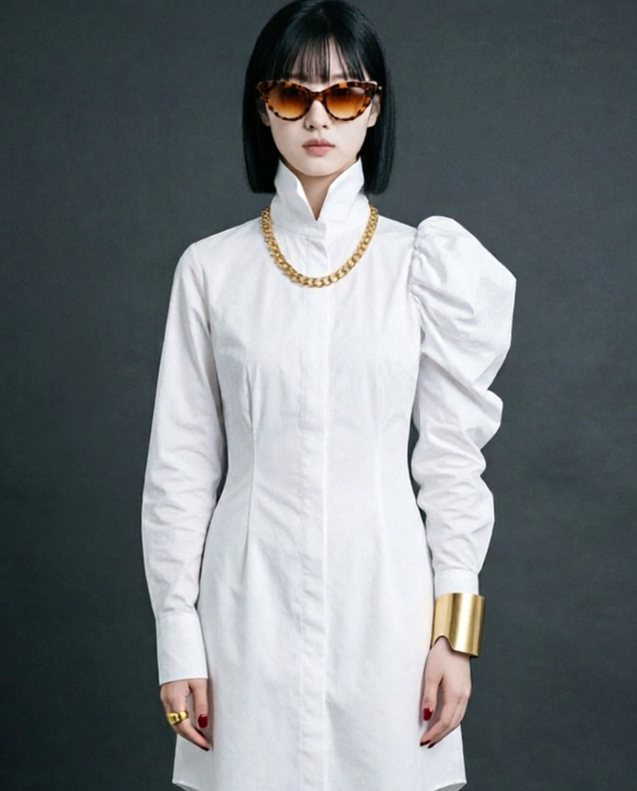 she wears an optic-white cotton-poplin sculptural shirt-dress with a stiff standing collar and one dramatically…