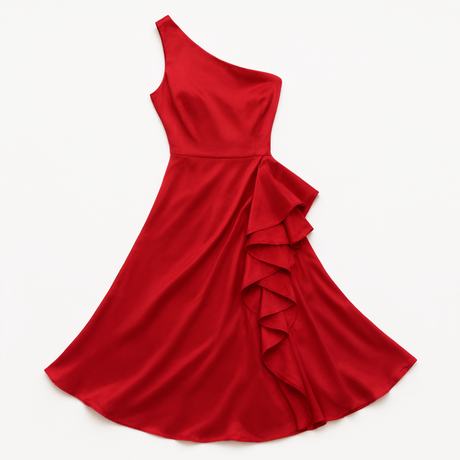 A scarlet silk dress, photographed flat