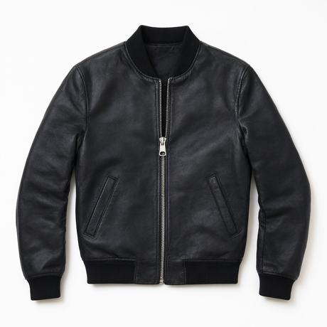 A black leather bomber, photographed flat