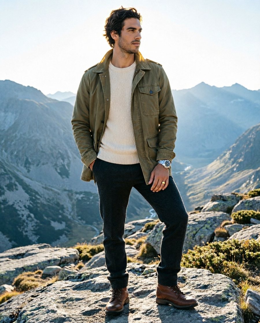 Full-figure fashion editorial frame, the whole body from head to feet inside the frame, camera at chest height about…