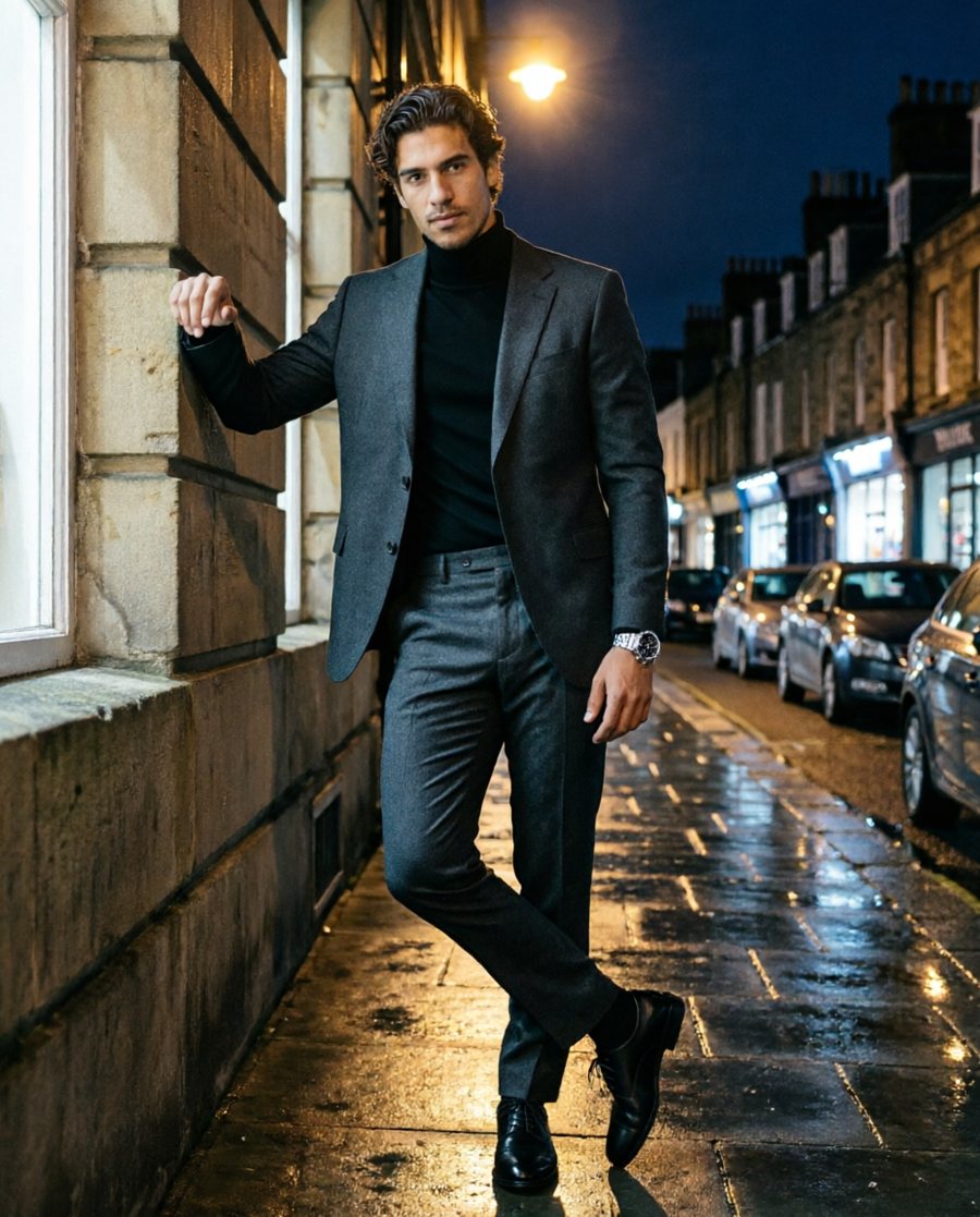 Full-figure fashion editorial frame, the whole body from head to feet inside the frame, camera at chest height about…