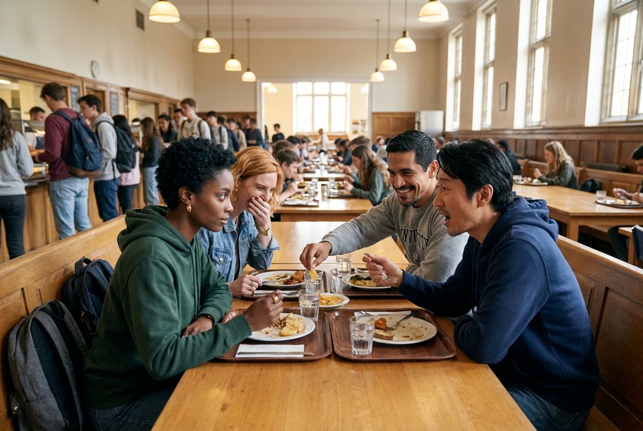 Four students crowded onto one side of a long canteen table with their trays, mid-meal and mid-argument, one…