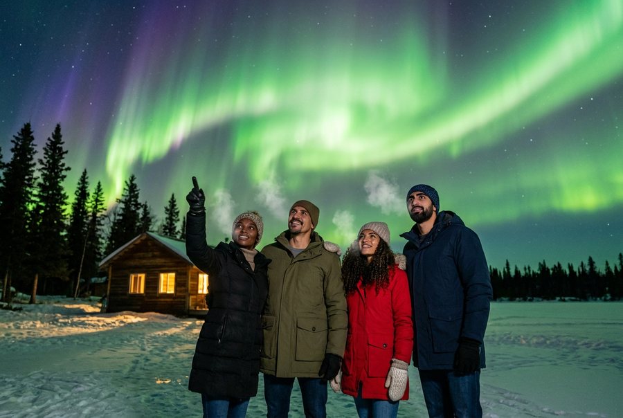 Four friends standing out on a frozen lake in front of a small wooden cabin, all looking up at the sky, one pointing,…